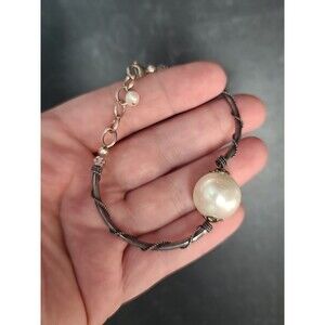925 Sterling Silver Faux & Real Pearl Bracelet Vintage Romantic Adjustable